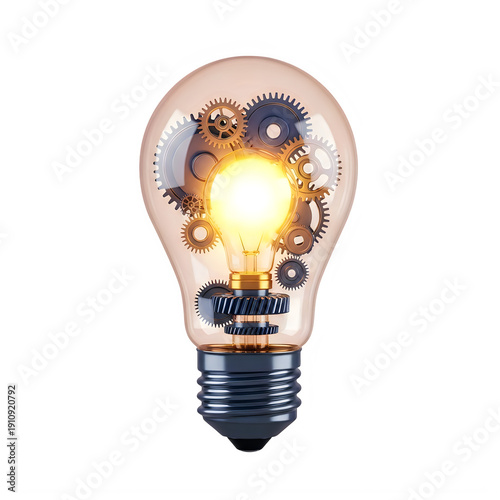 A glowing light bulb with gears and cogs representing innovation and ideas