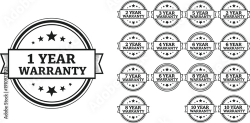 Vector illustration of warranty badges with ribbon designs showing durations from one to ten years for product guarantee and service assurance