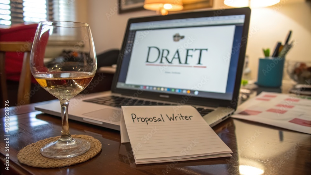 Naklejka premium Cozy Workspace with Glass of Wine and Proposal Writer Draft