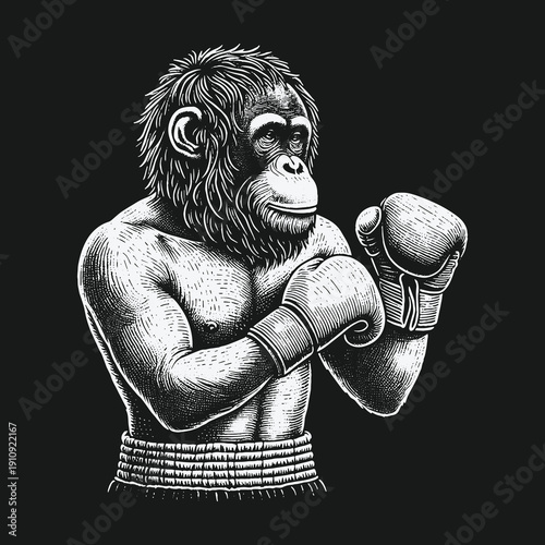 Chimpanzee Boxer Ready for a Fight: A Detailed Engraving.
