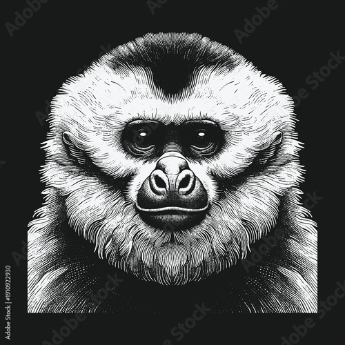 Detailed Portrait of a White-Faced Saki Monkey in Black and White.