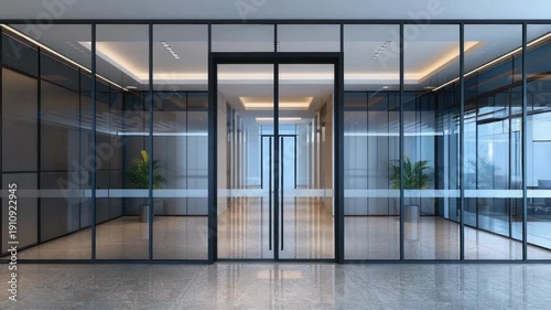 Wallpaper Mural Video A modern office interior featuring transparent walls and a central potted plant Torontodigital.ca