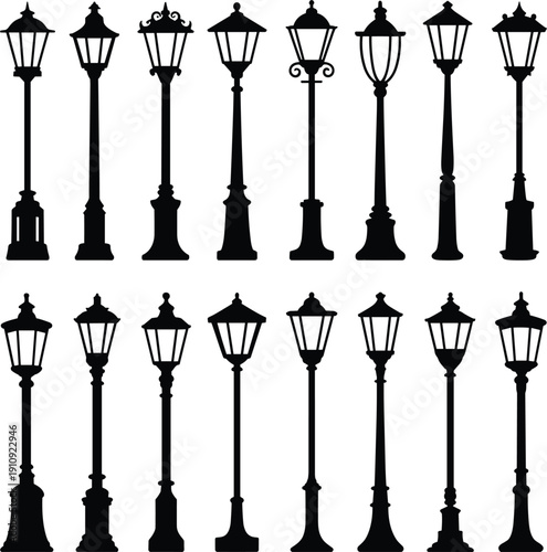 Vintage street lamp post silhouettes collection isolated on white background, classic urban lantern set in black vector illustration for city design and architecture projects