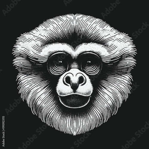 Detailed Engraving of a White-Handed Gibbons Face on Black Background.