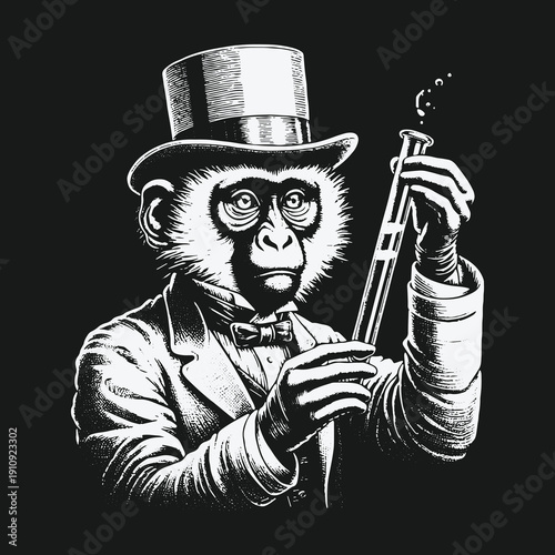 Intelligent Monkey Scientist in Top Hat Examining Test Tube.