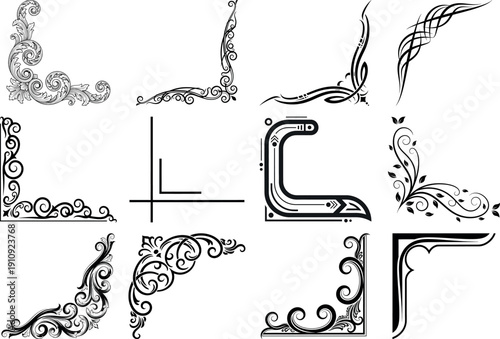 Ornate corner border designs isolated on transparent background