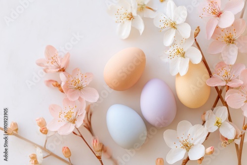 Top view of pastel Easter eggs and delicate cherry blossoms on white background in flat lay style
