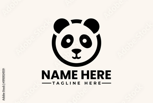 A simple black and white vector illustration of a panda's face with placeholder text for a name and tagline on a beige background, featuring a logo and icon design.