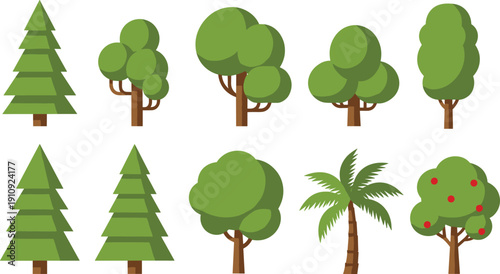 Flat vector set of green tree icons including pine palm and fruit trees for architectural visualization landscape design forest environment and nature illustrations