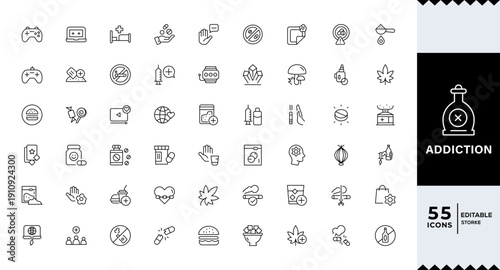Addiction Stroke icon collections. Containing Gaming, Addiction, Overdose, Treatment, Phone Addiction, Medication, Sugar, and Alcoholism icons. Editable Stroke icon collection