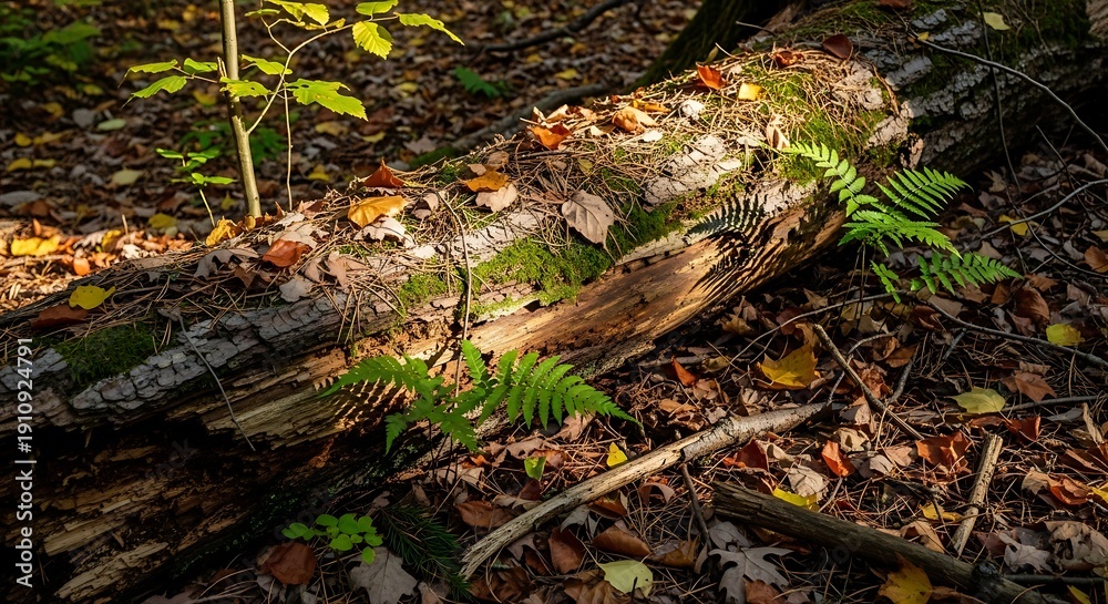 Obraz premium Sunlight illuminates a mossy fallen log in a forest floor
