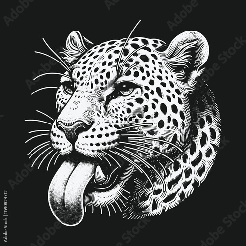 Monochrome Leopard Portrait with Tongue Out: A Wild Expression.