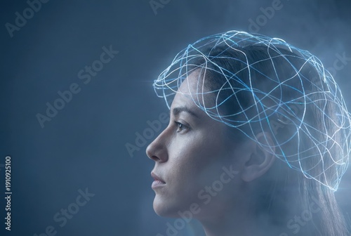 Female profile illuminated by neural network visualizations, embodying the intersection of consciousness and technology in a futuristic exploration of cognitive potential