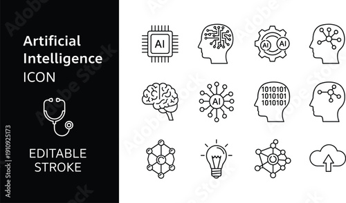 Vector illustration of artificial intelligence icons including microchip brain head gear cloud network binary code editable stroke abstract design