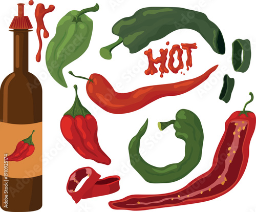 Hot chili pepper illustration set with sauce bottle