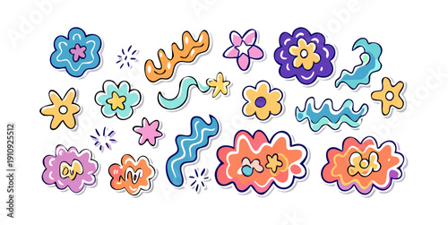 Abstract cloud and flower shapes sticker pack. Groovy funky flower, bubble, star, loop, waves in trendy retro 90s 00s cartoon style. Vector illustration with wavy and spiral elements .vector icons