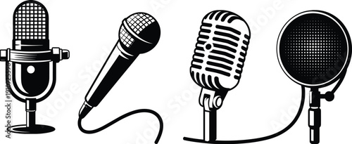 Collection of four different black and white microphone vector illustrations featuring vintage retro condenser and handheld dynamic mics for studio recording podcast and radio broadcasting.