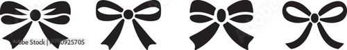 Four black ribbon bow shapes in different styles and sizes on white background