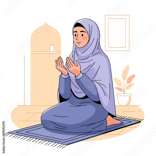 Muslim woman kneeling on a mat and praying with raised hands