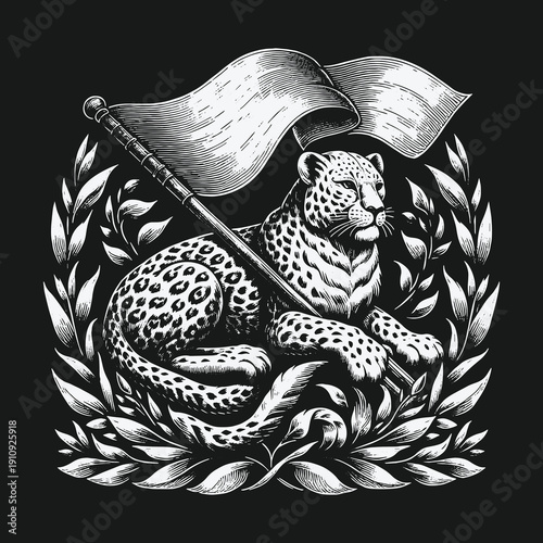 Leopard with Flag Illustration: A Symbol of Strength and Victory.