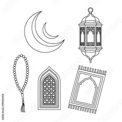 Set of gray line art icons for Islamic prayer rituals