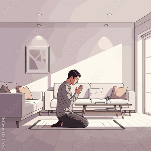 Man praying alone in a bright modern living room