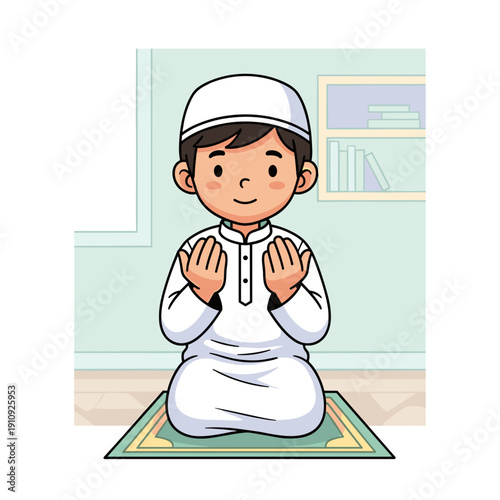Small boy character praying while sitting on a mat