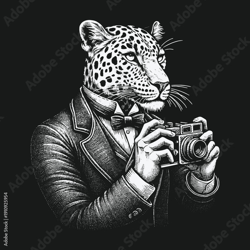 Leopard Photographer: A Stylish Animal Portrait with Camera Focus.