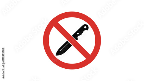 Prino weapon prohibition sign with combat knife icon crossed out in red circle isolated on white background security warning symbol