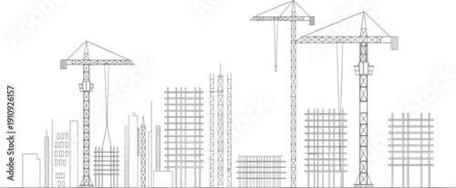Urban building construction site skyline vector with tower cranes and unfinished high rise structure outline