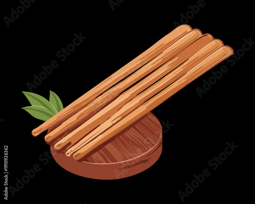 Fresh wooden chopsticks resting on a natural timber block with green leaf accent - Vector Illustration