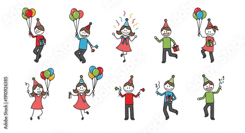 Cartoon Children Celebrating with Balloons.