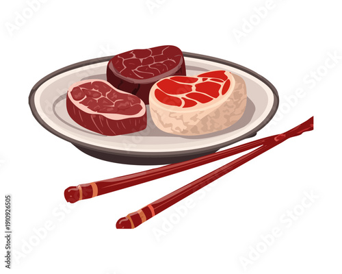 Platter of sliced beef and boiled eggs for a traditional asian meal - Vector Illustration