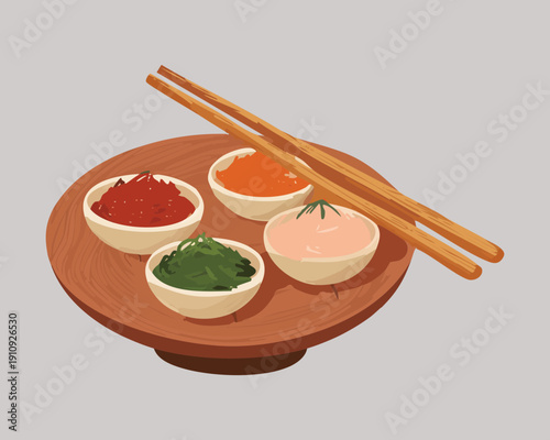 Small plates of asian snacks with wooden chopsticks on a gray surface - Vector Illustration