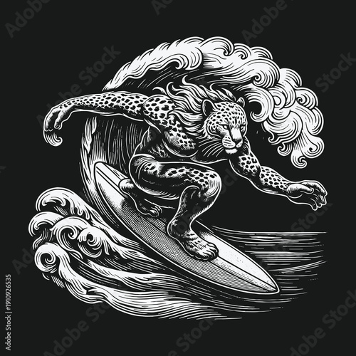 Jaguar Surfer Riding a Wave: Detailed Black and White Illustration.