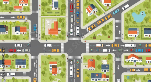 Cartoon City Block with Buildings and Roads.