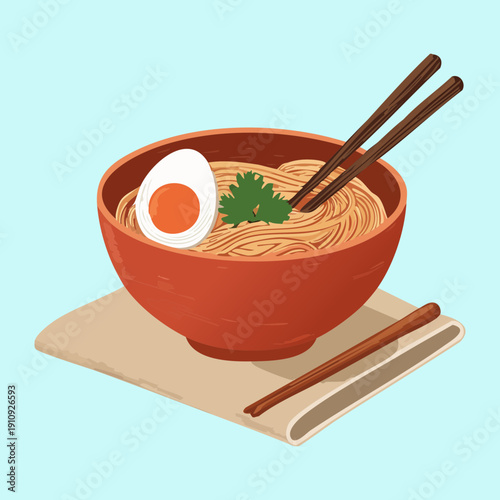 Hot ramen bowl with egg and chopsticks on a blue background setting - Vector Illustration