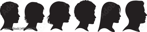 Six different people head silhouettes in profile on white background