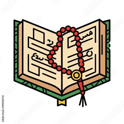 Open Quran book with prayer beads on top illustration