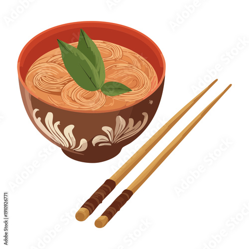 Bowl of ramen with greens and wooden chopsticks on a pink surface - Vector Illustration