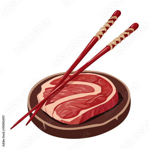 Beef steak on a round wooden board with decorative red tipped chopsticks - Vector Illustration