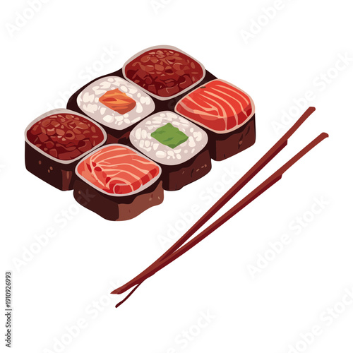 Fresh assorted sushi rolls with salmon and tuna served alongside long red wooden dining chopsticks - Vector Illustration