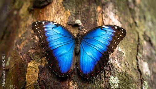 Vibrant, large blue butterfly rests with wings open on rough, brown tree bark in soft, diffused light