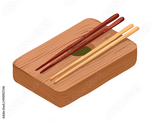Rectangular wooden plate with two pairs of chopsticks for shared asian meal or sushi - Vector Illustration