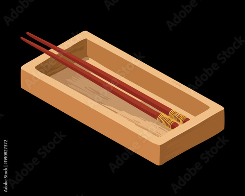 Open wooden box tray with chopsticks for serving dim sum or small asian appetizers - Vector Illustration