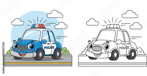 Cute cartoon police car coloring book page for kids, vector illustration of a friendly vehicle with a happy face, educational activity with outline and colored version for preschool children.