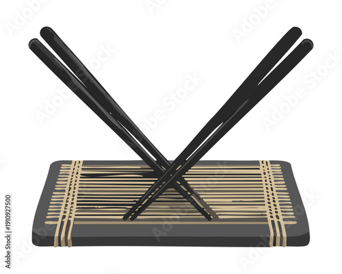 Crossed dark chopsticks over a bamboo mat for artistic asian culinary symbol or icon - Vector Illustration