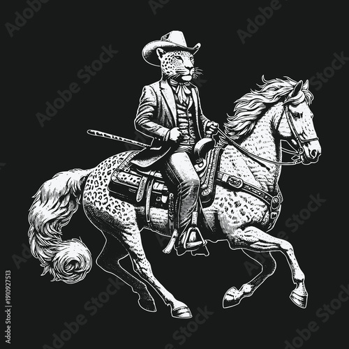 Leopard Cowboy Riding Horse: A Wild West Animal Hybrid.