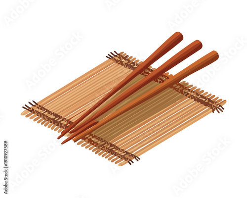 Three red tipped chopsticks on a bamboo mat for unique and artistic food presentation - Vector Illustration