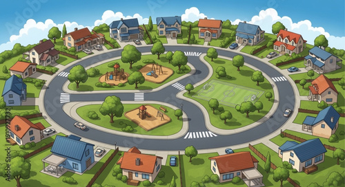 Cartoon Neighborhood with Winding Road.